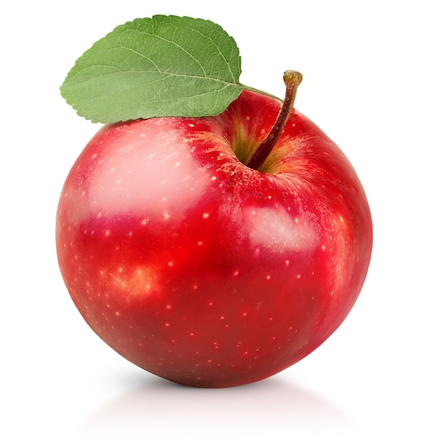 One red apple with leaf on white isolated background