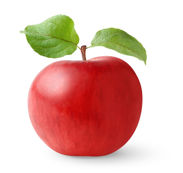 One red apple with two leaves isolated on white background