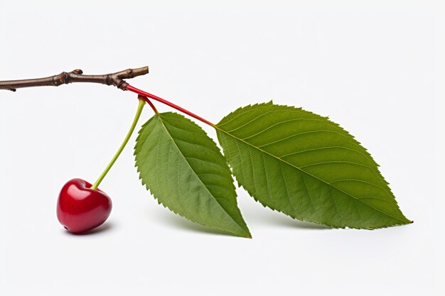 Photo one red cherry with leaf isolated