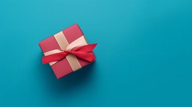 One red gift box in craft wrapping paper and satin ribbon with bow on light blue clean flat surface background neural network generated image