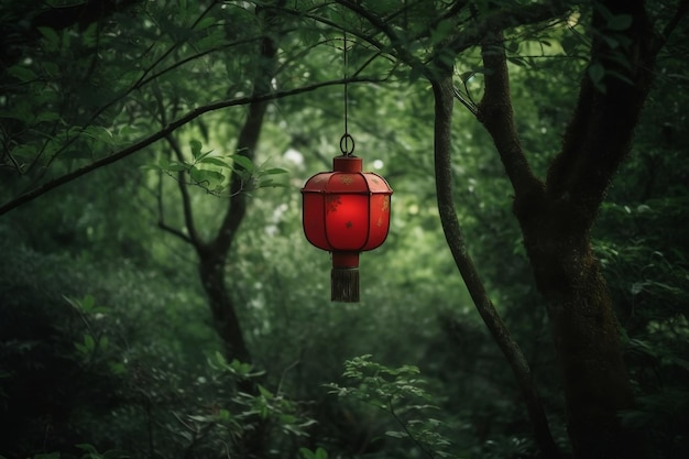 Photo one red lantern hanging on tree in green forest generative ai