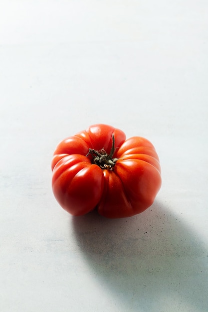 One red tomato on the table. light from behind. oxheart