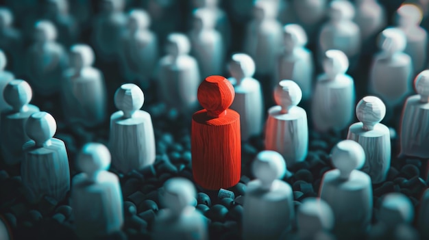 One red wooden man surrounded by white figures AI generated illustration