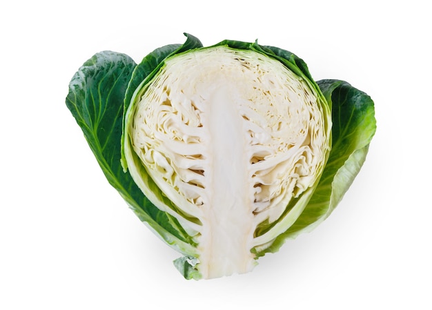 One ripe green cabbage cut, cross section, isolated. Closeup image of ideal vegetable, healthy natural organic food