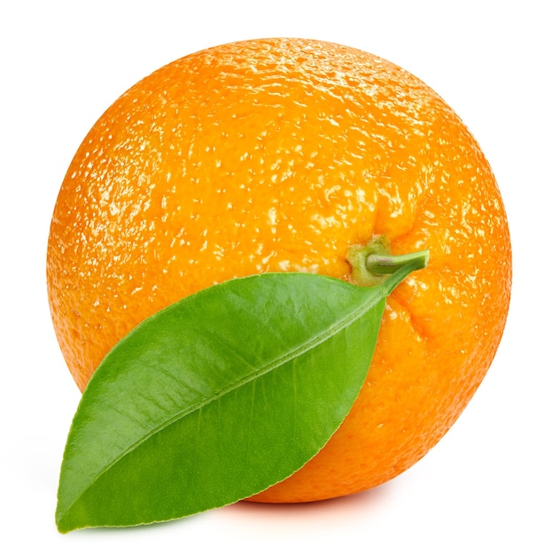 One ripe orange with green leaf clipping path Organic fresh orange isolated on white Full depth of field