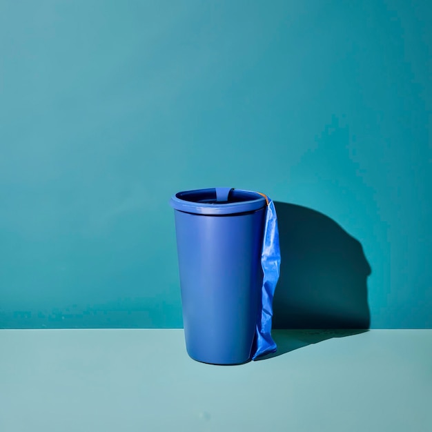 青色の背景に青色のビニール製ゴミ袋 1 ロール ゴミを入れるように設計された袋で、家庭で使用され、さまざまなゴミ容器に入れられます