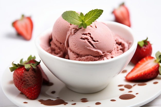 One scoop of strawberry gelato garnished with a mint leaf and heart shaped chocolate pieces on a whi