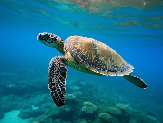 One Sea Turtle CloseUp in the Ocean