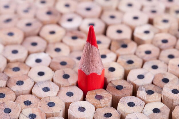 One sharpened red pencil among many ones