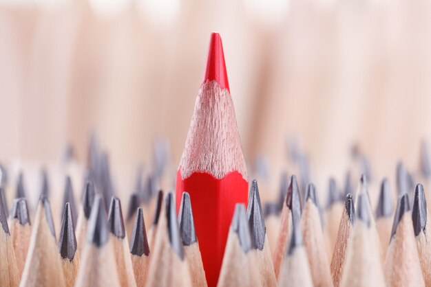 One sharpened red pencil among many ones