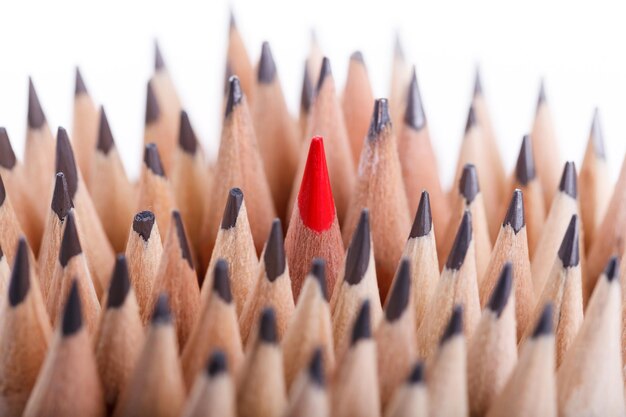 One sharpened red pencil among many ones