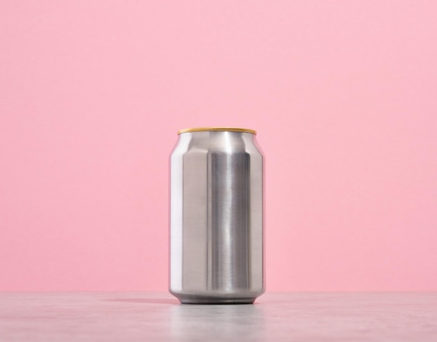 Photo one shiny aluminum can of drink stands on the table