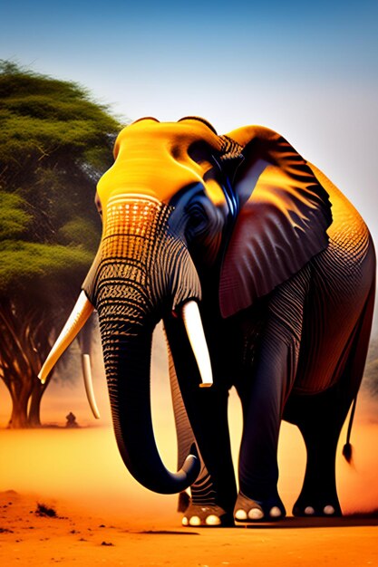 On one side stands an elephant an elephant with tusks created by AI