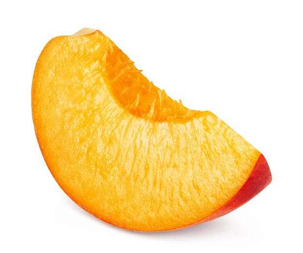 One slice of peach on a white background.