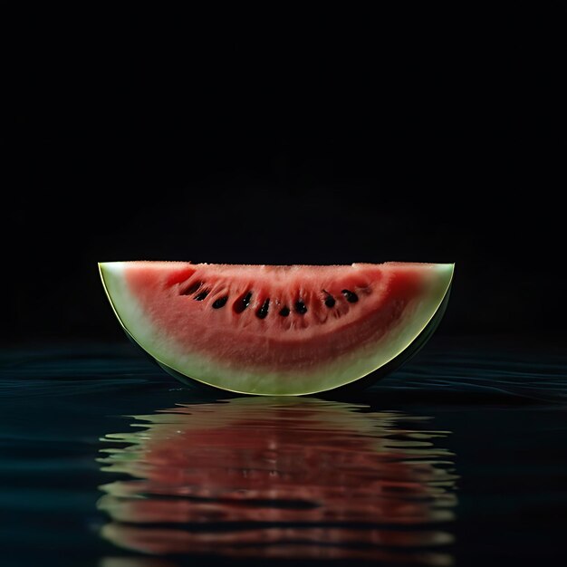 One slice of watermelon lies on the water surface gnearated by AI