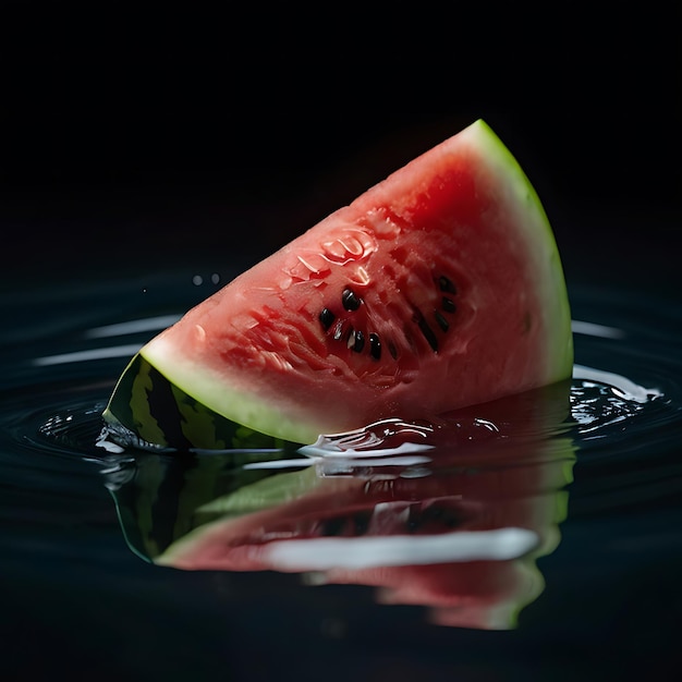 One slice of watermelon lies on the water surface gnearated by AI