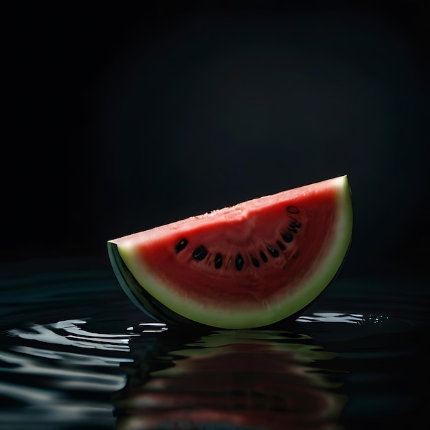 One slice of watermelon lies on the water surface gnearated by AI