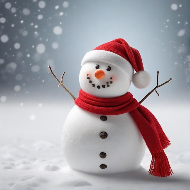 One snowman with a red scarf and Santa hat on an isolated white background generative AI