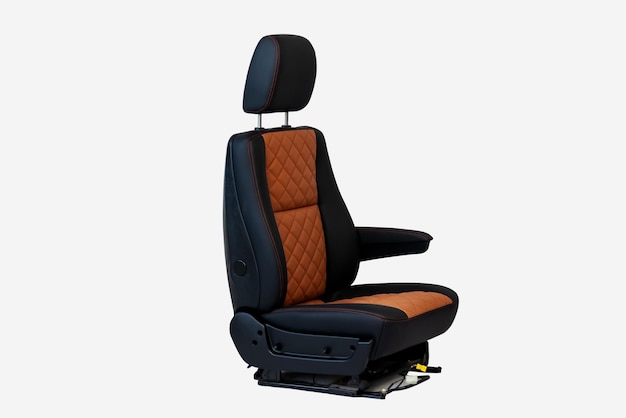 Photo one sport seat of van with armrest with black and brown leather trim located on the white isolated in the workshop for repair and tuning of cars and vehicles