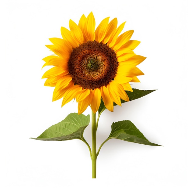 One sunflower flower on a stem with leaves isolated on a white background illustration AI generation
