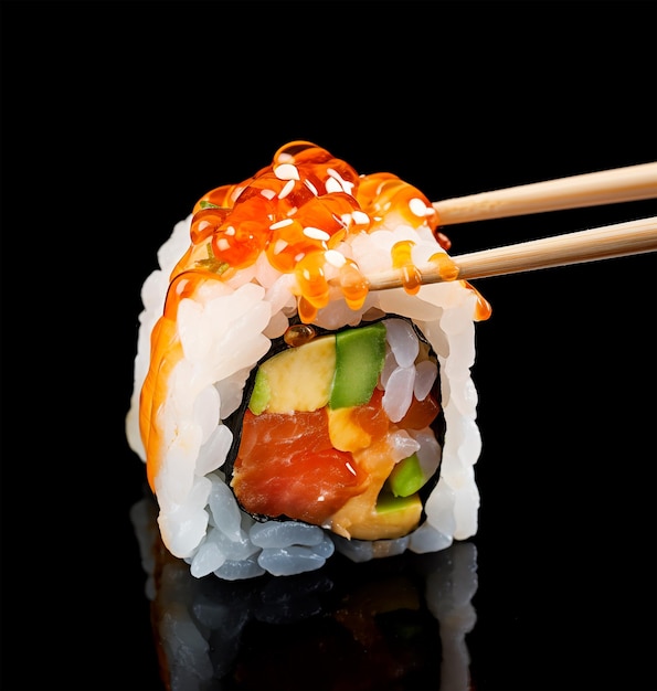 One sushi roll with salmon black background ai generated