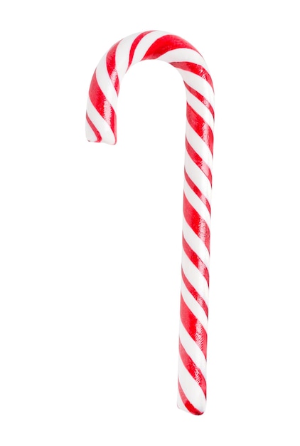 Фото Одна сладкая праздничная полосатая конфетная трость с красными полосами, изолированными на белом