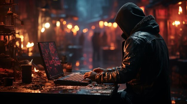 One thief typing dangerous password on laptop hacking the laptop