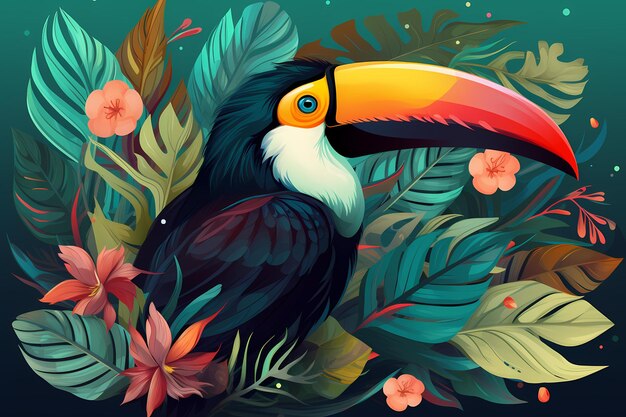 one toucan perched on branch in forest tropical paradise background