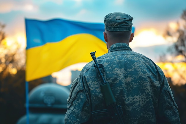 One of ukrainian soldiers stands near flag country in settlement that has been liberated from