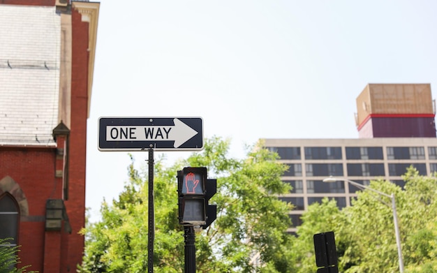 A one way sign is on a pole