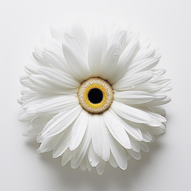 One white daisy flower isolated on white background flat lay top view floral pattern