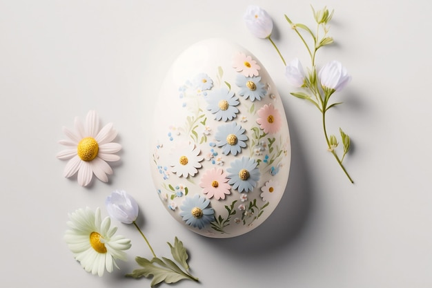 밝은 배경에 아름다운 꽃 무늬가 있는 흰색 부활절 달걀 1개 Generative AI