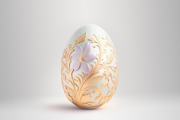 One white easter egg with beautiful gold floral pattern standing on light background Generative AI