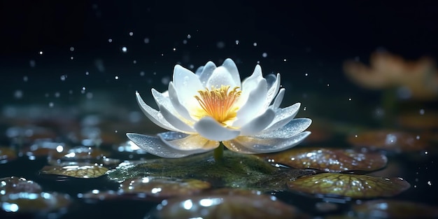 One white lotus rose blooms at night with moonlight shine in the water