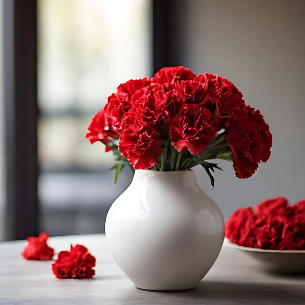 Photo one white porcelain vase with bouquet of fresh red carnations on the table ai