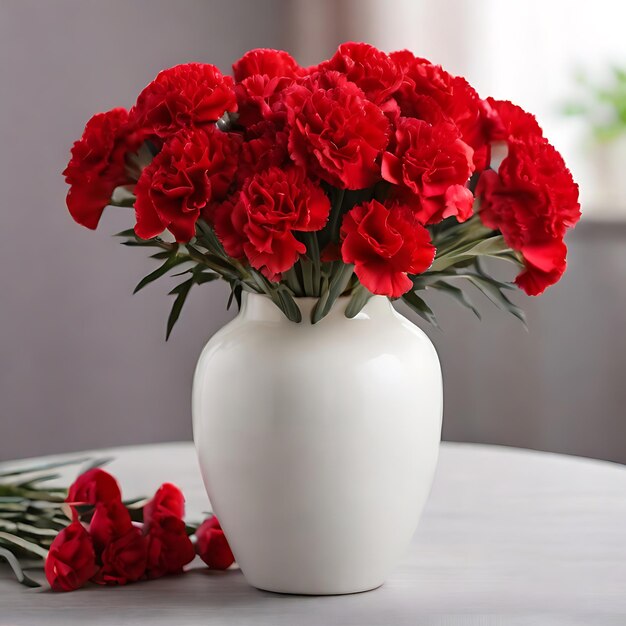 One white porcelain vase with bouquet of fresh red carnations on the table AI