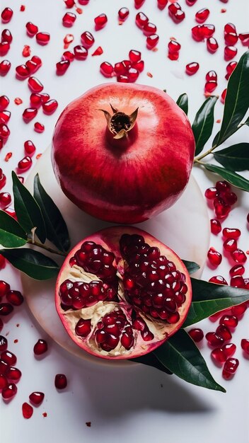 One whole and part of a pomegranate with pomegranate seeds and leaves isolated on white