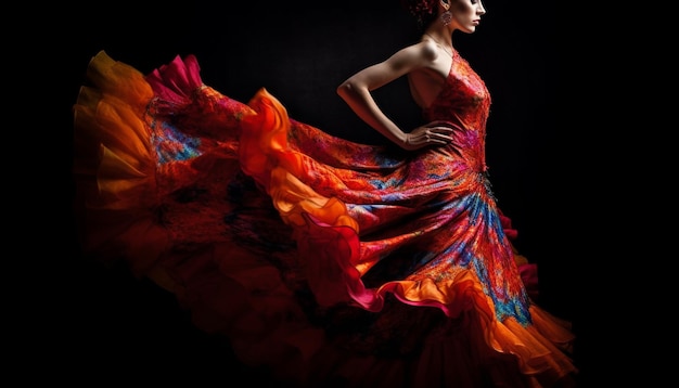 人工知能によって生成された絹のドレスで踊る女性の優雅さと感性