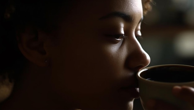 One woman enjoying coffee indoors looking out the window peacefully generated by artificial intelligence