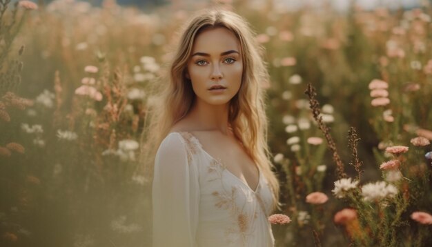 Photo one woman enjoys nature beauty smiling in the meadow generated by ai