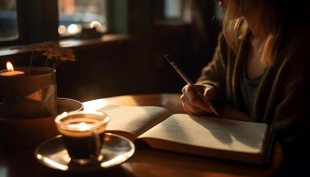 Photo one woman enjoys reading and coffee in comfortable home interior generated by ai