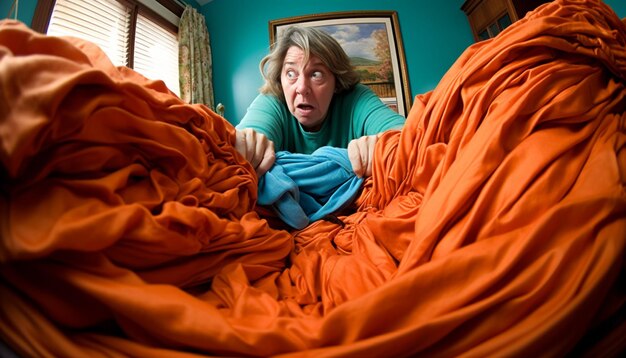 Photo one woman hides under blanket terrified by senior adult screaming generated by ai