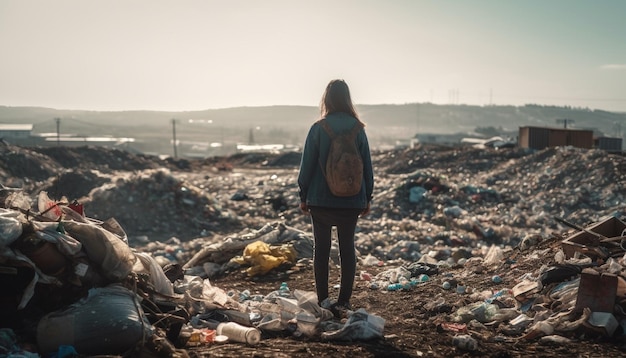 One woman hiking with a backpack cleaning up garbage outdoors generated by AI