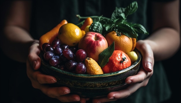 One woman holding a ripe grape promoting healthy eating generated by AI