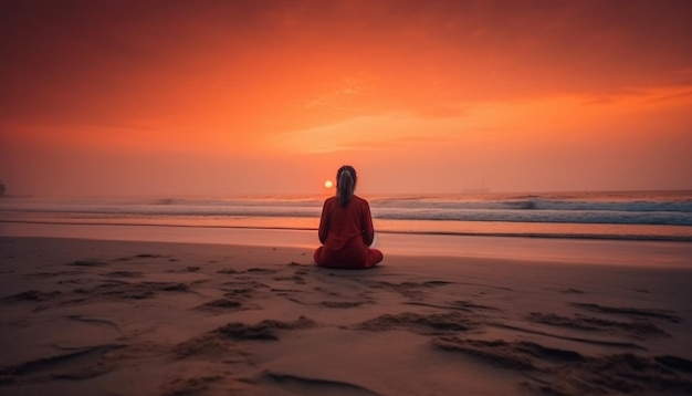 One woman meditates in lotus position outdoors generated by AI