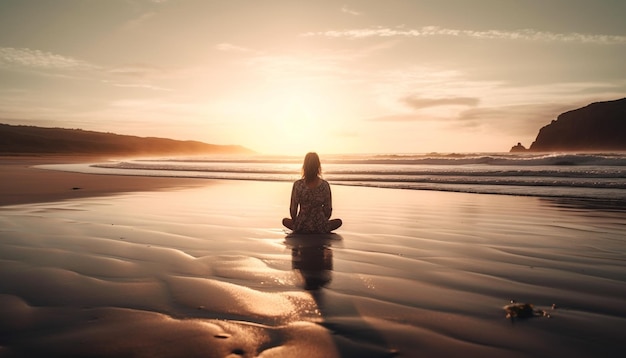One woman meditates in lotus position serene generated by AI