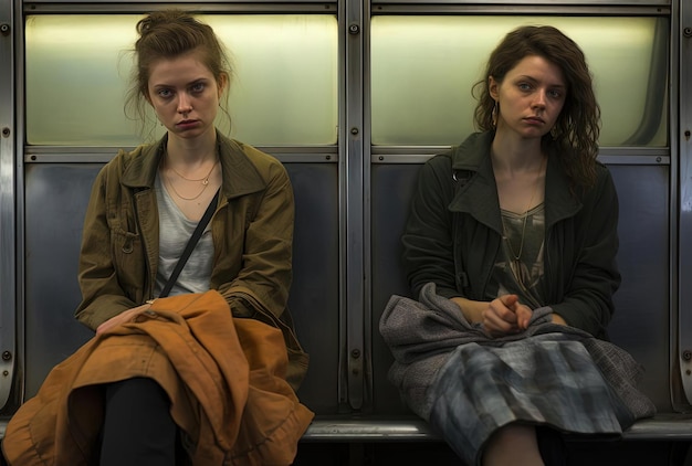 一人の女性が地下鉄に座って 激しい視線のスタイルで