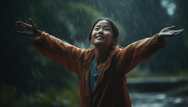 Photo one woman smiling in the rain enjoying nature wet beauty generated by ai