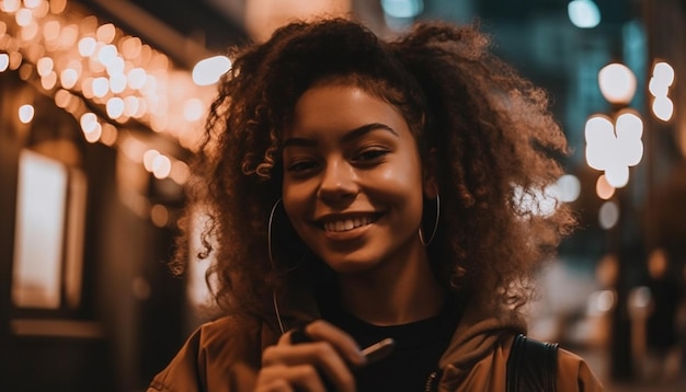 One woman smiling with elegant confidence illuminated generated by AI