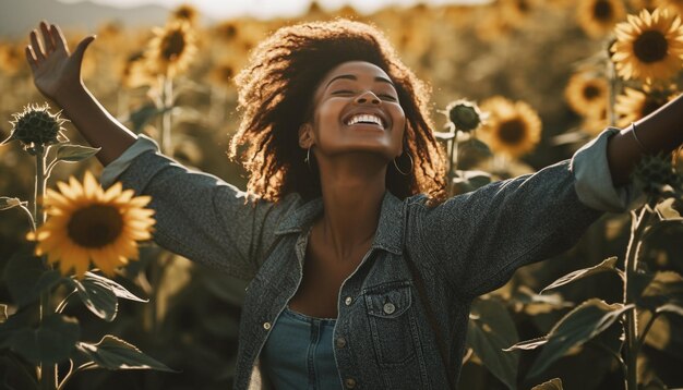 One woman standing outdoors smiling with enjoyment surrounded by sunflowers generated by ai